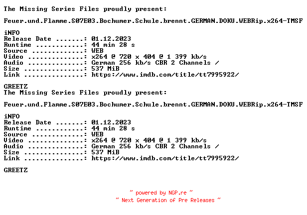 NFO for the release Feuer.und.Flamme.S07E03.Bochumer.Schule.brennt.GERMAN.DOKU.WEBRip.x264-TMSF by TMSF