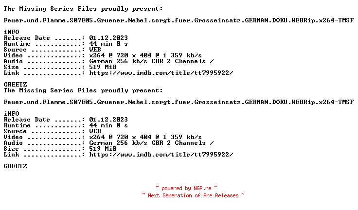 NFO for the release Feuer.und.Flamme.S07E05.Gruener.Nebel.sorgt.fuer.Grosseinsatz.GERMAN.DOKU.WEBRip.x264-TMSF by TMSF