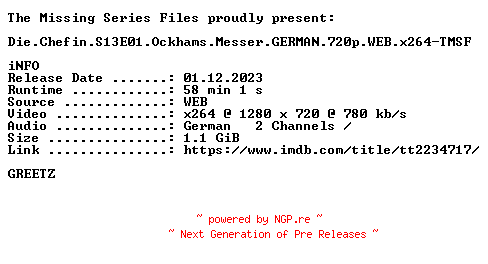 NFO for the release Die.Chefin.S13E01.Ockhams.Messer.GERMAN.720p.WEB.x264-TMSF by TMSF