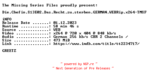 NFO for the release Die.Chefin.S13E02.Das.Recht.zu.sterben.GERMAN.WEBRip.x264-TMSF by TMSF