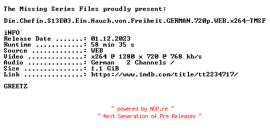 NFO for the release Die.Chefin.S13E03.Ein.Hauch.von.Freiheit.GERMAN.720p.WEB.x264-TMSF by TMSF