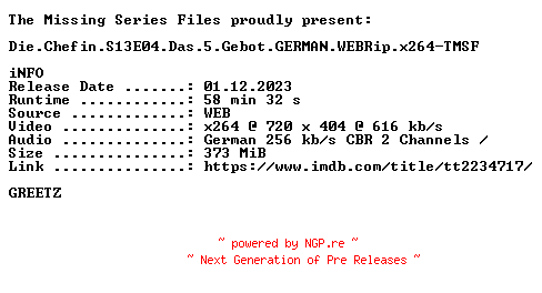 NFO for the release Die.Chefin.S13E04.Das.5.Gebot.GERMAN.WEBRip.x264-TMSF by TMSF