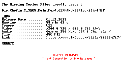 NFO for the release Die.Chefin.S13E05.Mein.Mord.GERMAN.WEBRip.x264-TMSF by TMSF