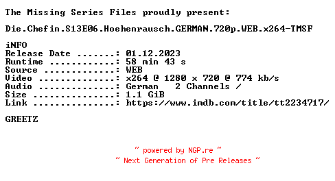 NFO for the release Die.Chefin.S13E06.Hoehenrausch.GERMAN.720p.WEB.x264-TMSF by TMSF