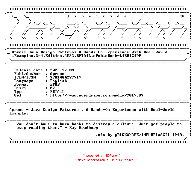 NFO for the release Apress.Java.Design.Patterns.A.Hands-On.Experience.With.Real-World.Examples.3rd.Edition.2022.RETAiL.ePub.eBook-LiBRiCiDE by LiBRiCiDE