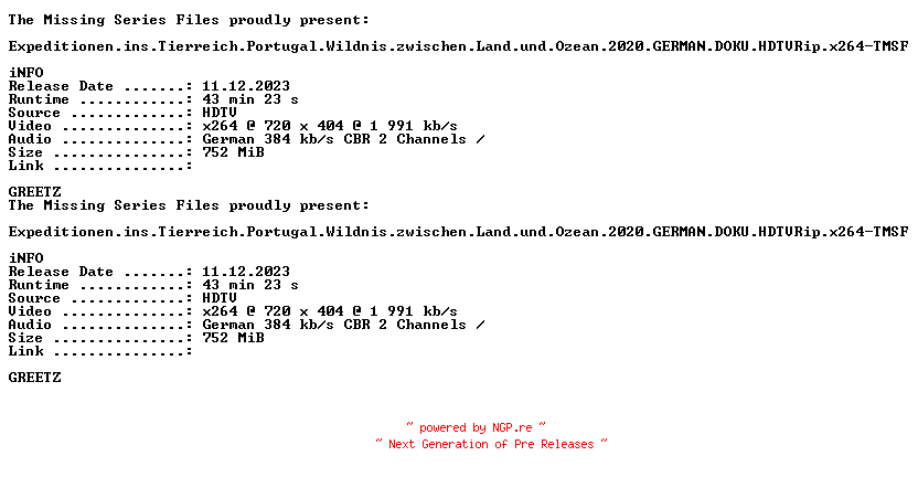 NFO for the release Expeditionen.ins.Tierreich.Portugal.Wildnis.zwischen.Land.und.Ozean.2020.GERMAN.DOKU.HDTVRip.x264-TMSF by TMSF