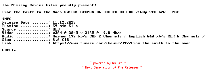 NFO for the release From.the.Earth.to.the.Moon.S01E01.GERMAN.DUBBED.DL.DV.HDR.2160p.WEB.h265-TMSF by TMSF