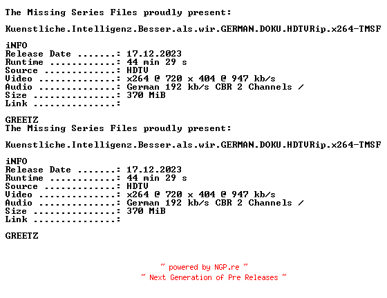 NFO for the release Kuenstliche.Intelligenz.Besser.als.wir.GERMAN.DOKU.HDTVRip.x264-TMSF by TMSF