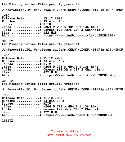 NFO for the release Wunderstoffe.E01.Von.Beton.zu.Lehm.GERMAN.DOKU.HDTVRip.x264-TMSF by TMSF