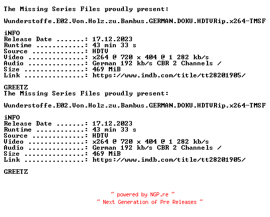 NFO for the release Wunderstoffe.E02.Von.Holz.zu.Bambus.GERMAN.DOKU.HDTVRip.x264-TMSF by TMSF
