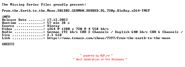 NFO for the release From.the.Earth.to.the.Moon.S01E02.GERMAN.DUBBED.DL.720p.BluRay.x264-TMSF by TMSF