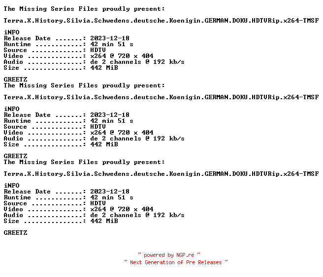 NFO for the release Terra.X.History.Silvia.Schwedens.deutsche.Koenigin.GERMAN.DOKU.HDTVRip.x264-TMSF by TMSF