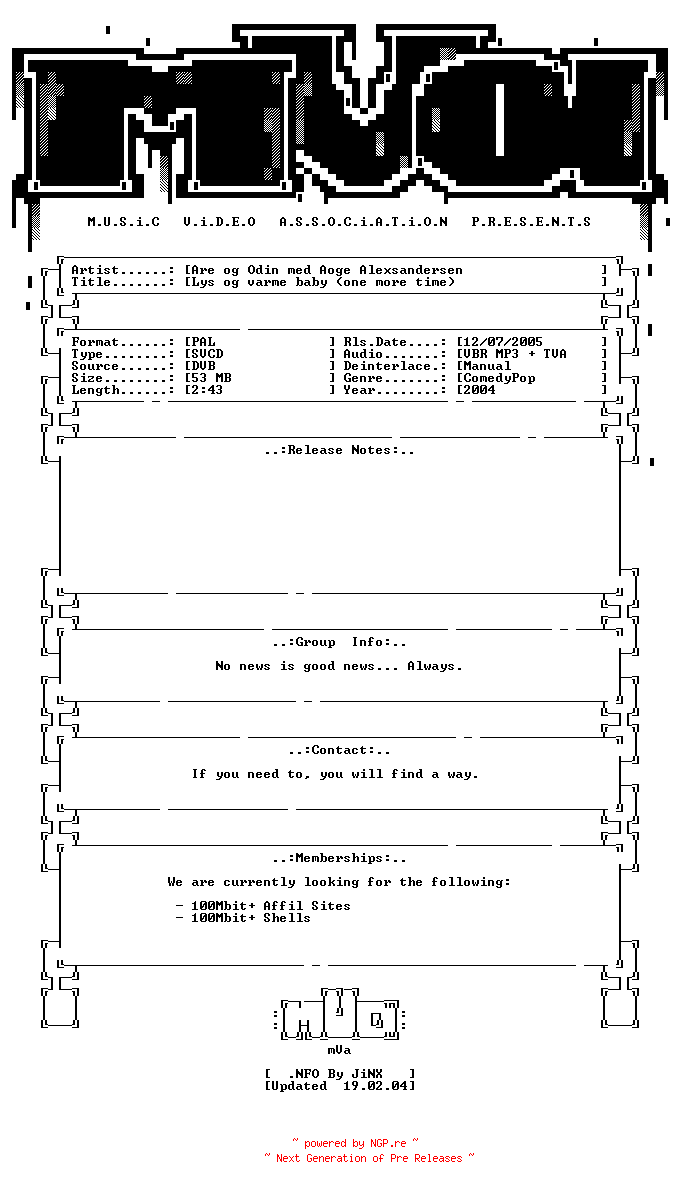 NFO for the release Are_og_odin_med_aoge_aleksandersen-lys_og_varme_baby_(one_more_time)-svcd-no-2004-mVa by mVa