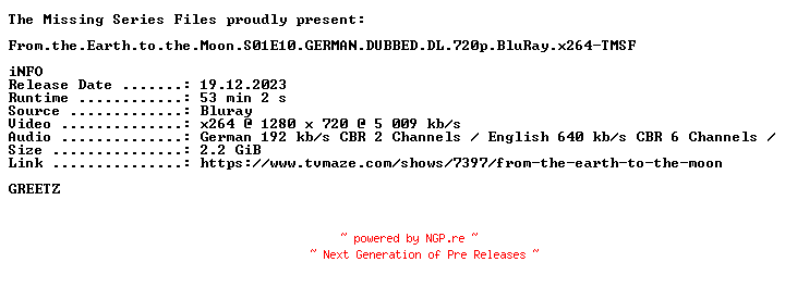 NFO for the release From.the.Earth.to.the.Moon.S01E10.GERMAN.DUBBED.DL.720p.BluRay.x264-TMSF by TMSF
