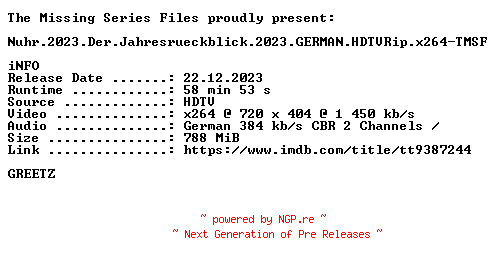NFO for the release Nuhr.2023.Der.Jahresrueckblick.2023.GERMAN.HDTVRip.x264-TMSF by TMSF