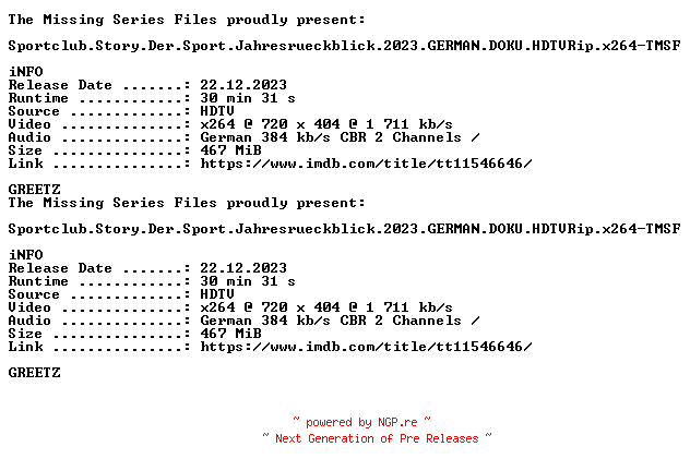 NFO for the release Sportclub.Story.Der.Sport.Jahresrueckblick.2023.GERMAN.DOKU.HDTVRip.x264-TMSF by TMSF