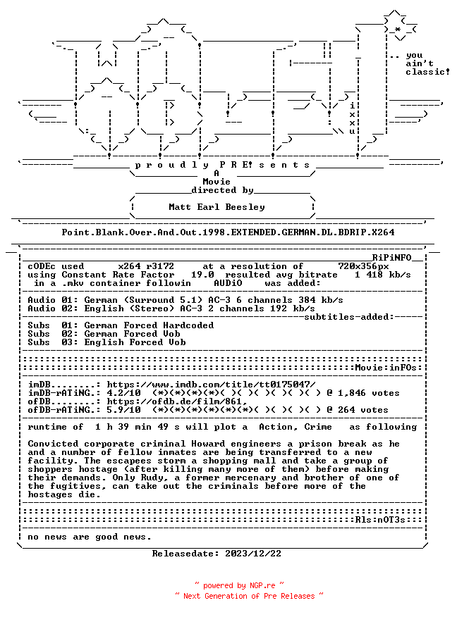 NFO for the release Point.Blank.Over.And.Out.1998.EXTENDED.GERMAN.DL.BDRIP.X264-WATCHABLE by WATCHABLE