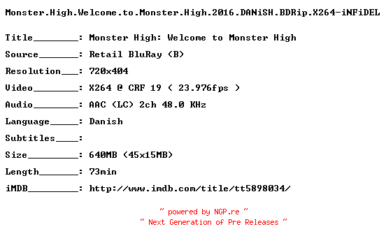 NFO for the release Monster.High.Welcome.to.Monster.High.2016.DANiSH.BDRip.X264-iNFiDEL by iNFiDEL