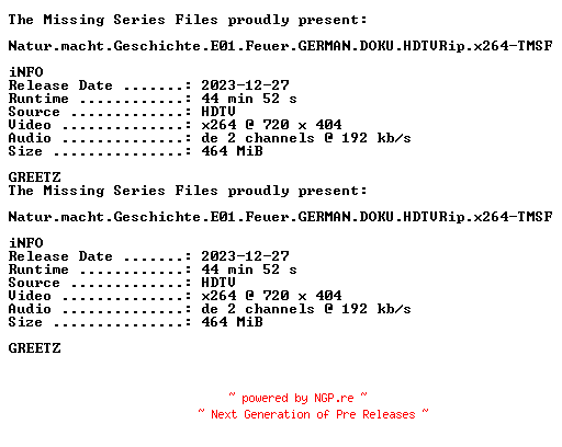 NFO for the release Natur.macht.Geschichte.E01.Feuer.GERMAN.DOKU.HDTVRip.x264-TMSF by TMSF