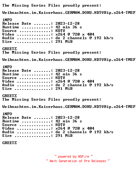 NFO for the release Weihnachten.im.Kaiserhaus.GERMAN.DOKU.HDTVRip.x264-TMSF by TMSF
