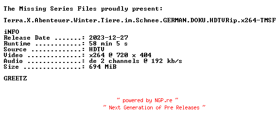 NFO for the release Terra.X.Abenteuer.Winter.Tiere.im.Schnee.GERMAN.DOKU.HDTVRip.x264-TMSF by TMSF