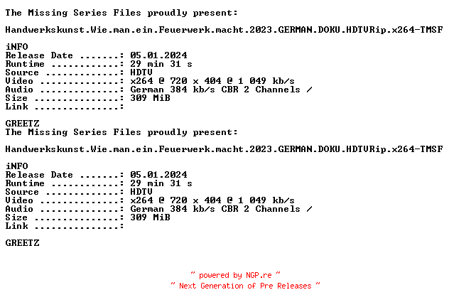 NFO for the release Handwerkskunst.Wie.man.ein.Feuerwerk.macht.2023.GERMAN.DOKU.HDTVRip.x264-TMSF by TMSF