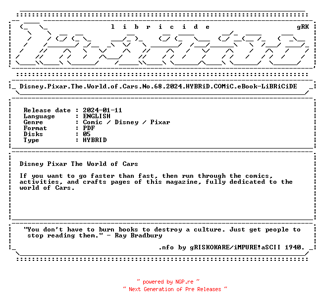 NFO for the release Disney.Pixar.The.World.of.Cars.No.68.2024.HYBRiD.COMiC.eBook-LiBRiCiDE by LiBRiCiDE