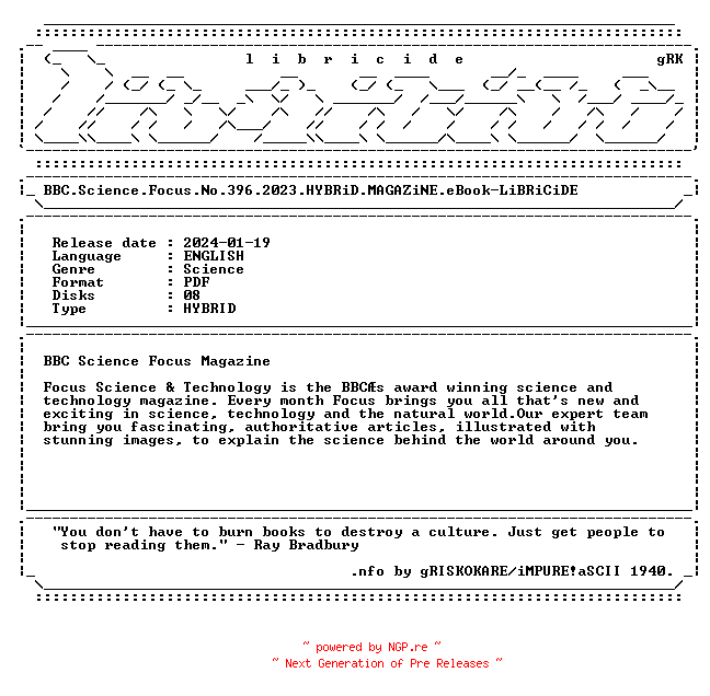 NFO for the release BBC.Science.Focus.No.396.2023.HYBRiD.MAGAZiNE.eBook-LiBRiCiDE by LiBRiCiDE