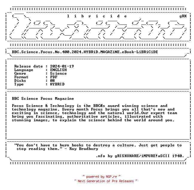 NFO for the release BBC.Science.Focus.No.400.2024.HYBRiD.MAGAZiNE.eBook-LiBRiCiDE by LiBRiCiDE