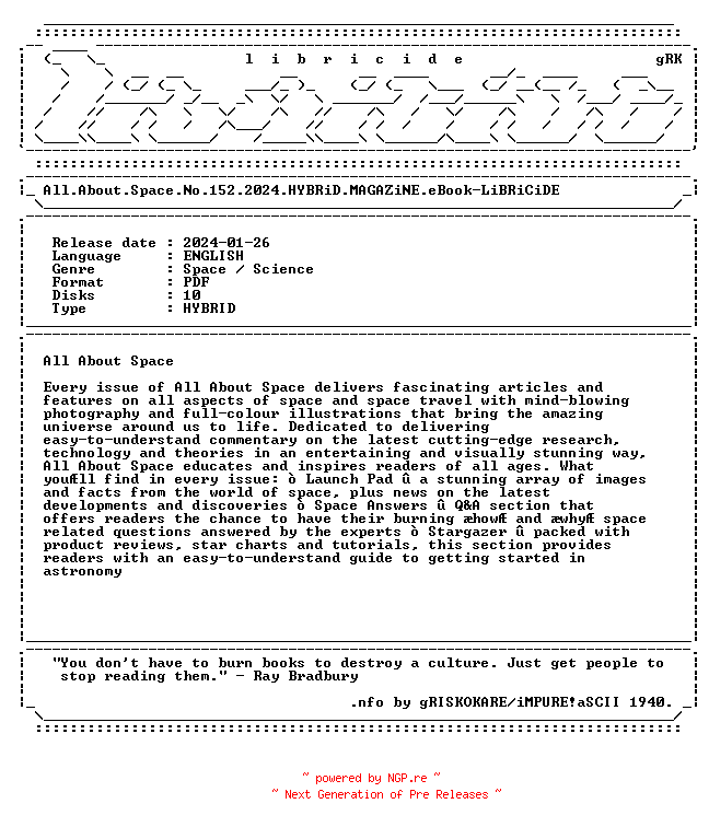 NFO for the release All.About.Space.No.152.2024.HYBRiD.MAGAZiNE.eBook-LiBRiCiDE by LiBRiCiDE