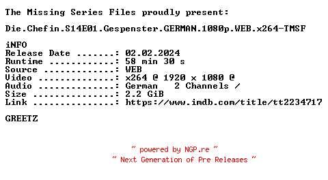 NFO for the release Die.Chefin.S14E01.Gespenster.GERMAN.1080p.WEB.x264-TMSF by TMSF