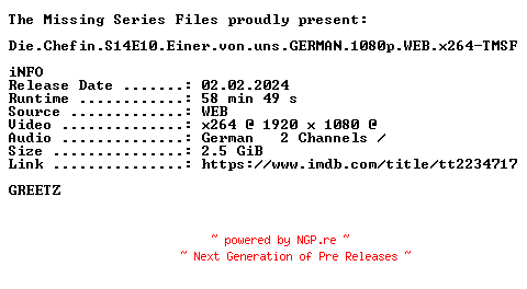 NFO for the release Die.Chefin.S14E10.Einer.von.uns.GERMAN.1080p.WEB.x264-TMSF by TMSF