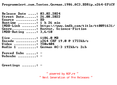 NFO for the release Programmiert.zum.Toeten.German.1986.AC3.BDRip.x264-SPiCY by SPiCY