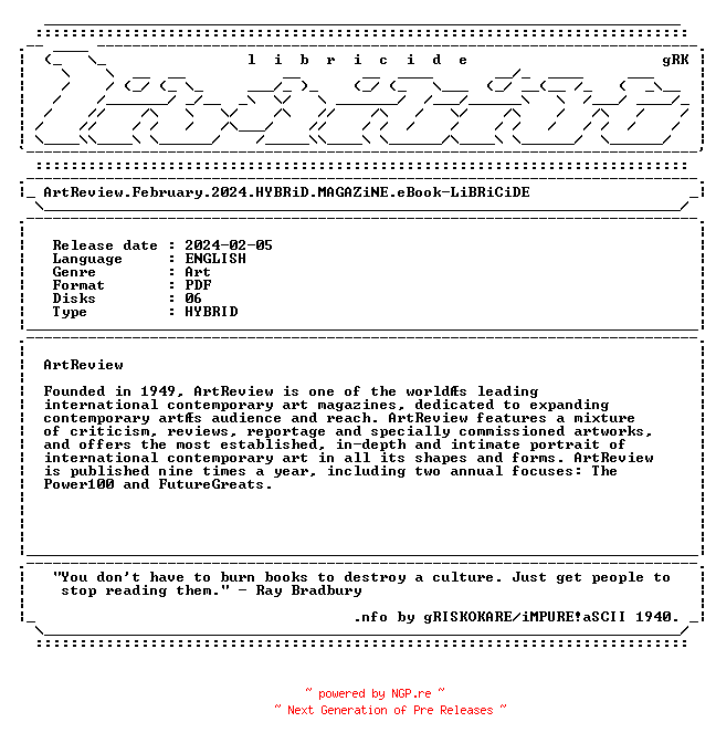 NFO for the release ArtReview.February.2024.HYBRiD.MAGAZiNE.eBook-LiBRiCiDE by LiBRiCiDE