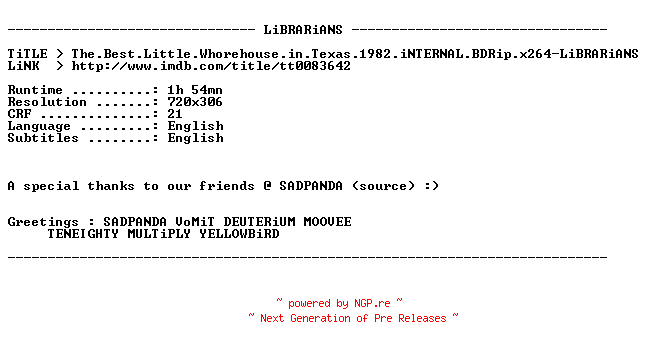NFO for the release The.Best.Little.Whorehouse.in.Texas.1982.iNTERNAL.BDRip.x264-LiBRARiANS by LiBRARiANS