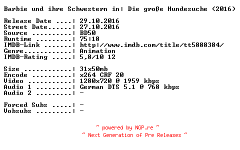 NFO for the release Barbie.und.ihre.Schwestern.in.Die.grosse.Hundesuche.2016.German.720p.BluRay.x264-SPiCY by SPiCY