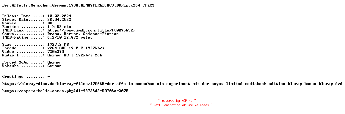 NFO for the release Der.Affe.Im.Menschen.German.1988.REMASTERED.AC3.BDRip.x264-SPiCY by SPiCY