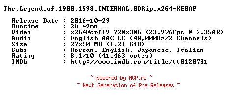 NFO for the release The.Legend.of.1900.1998.INTERNAL.BDRip.x264-KEBAP by KEBAP