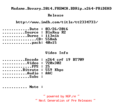 NFO for the release Madame.Bovary.2014.FRENCH.BDRip.x264-PRiDEHD by PRiDEHD