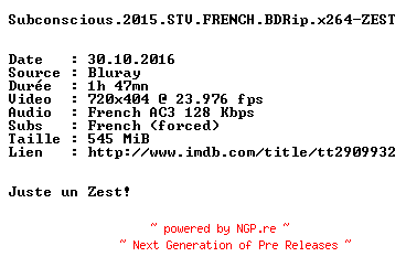 NFO for the release Subconscious.2015.STV.FRENCH.BDRip.x264-ZEST by ZEST