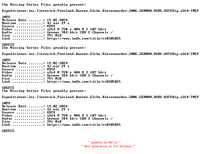 NFO for the release Expeditionen.ins.Tierreich.Finnland.Baeren.Elche.Riesenmarder.2006.GERMAN.DOKU.HDTVRip.x264-TMSF by TMSF