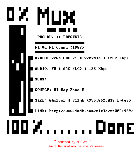 NFO for the release Ni.Vu.Ni.Connu.1958.FRENCH.BDRip.x264-MUx by MUx