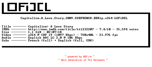 NFO for the release Capitalism.A.Love.Story.2009.SUBFRENCH.BDRip.x264-LOFiDEL by LOFiDEL