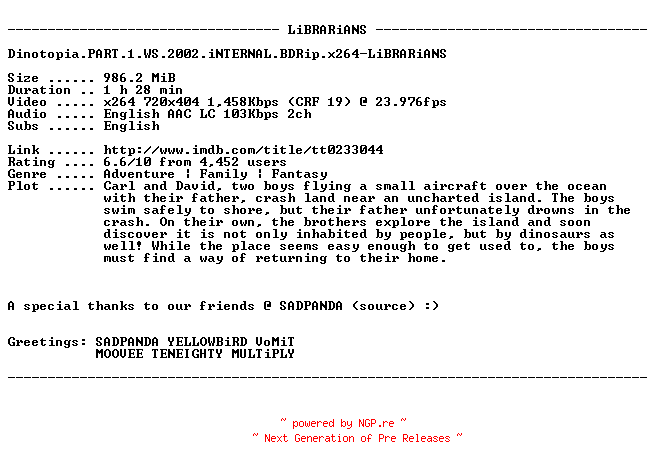 NFO for the release Dinotopia.PART.1.WS.2002.iNTERNAL.BDRip.x264-LiBRARiANS by LiBRARiANS