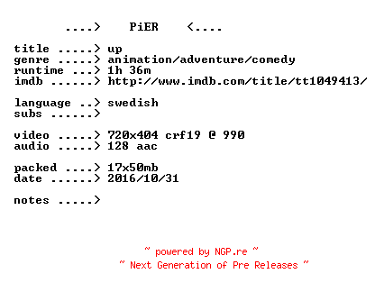 NFO for the release Up.2009.iNTERNAL.SWEDiSH.BDRip.x264-PiER by PiER
