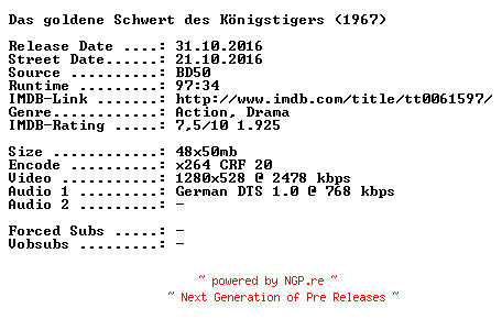 NFO for the release Das.goldene.Schwert.des.Koenigstigers.Kinofassung.1967.German.720p.BluRay.x264-SPiCY by SPiCY