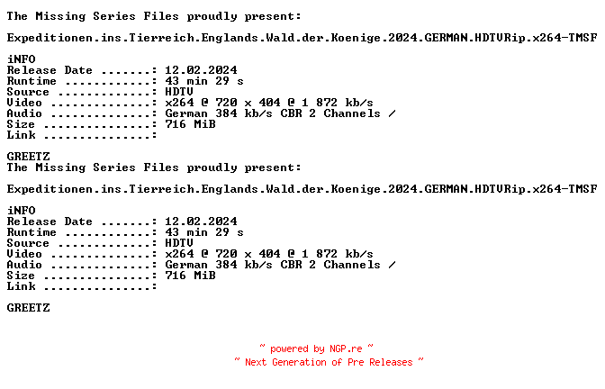 NFO for the release Expeditionen.ins.Tierreich.Englands.Wald.der.Koenige.2024.GERMAN.DOKU.HDTVRip.x264-TMSF by TMSF