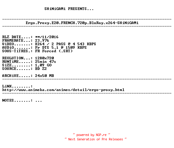 NFO for the release Ergo.Proxy.E20.FRENCH.720p.BluRay.x264-SHiNiGAMi by SHiNiGAMi