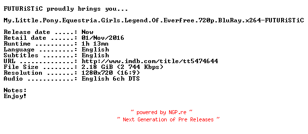 NFO for the release My.Little.Pony.Equestria.Girls.Legend.Of.Everfree.720p.BluRay.x264-FUTURiSTiC by FUTURiSTiC