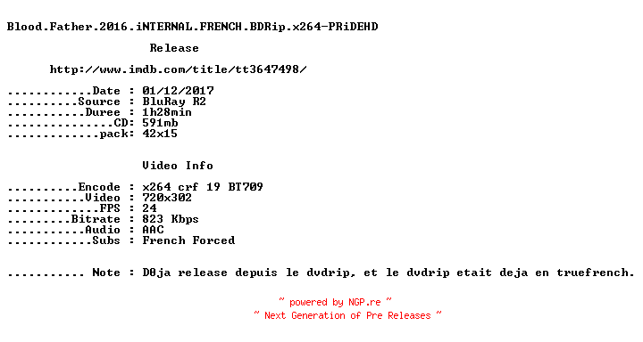 NFO for the release Blood.Father.2016.iNTERNAL.FRENCH.BDRip.x264-PRiDEHD by PRiDEHD
